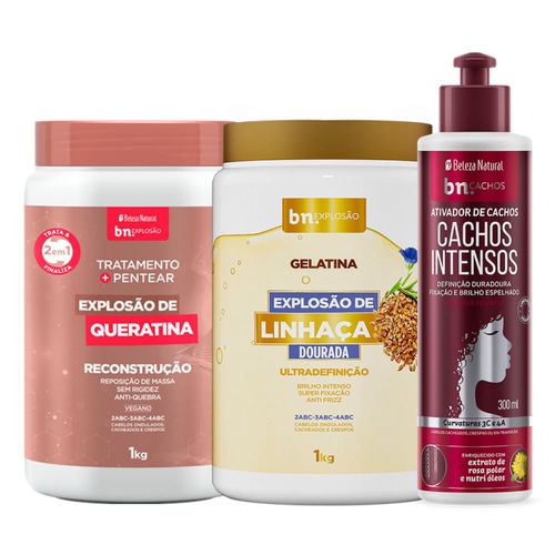 Kit Tratamento Queratina + Gelatina de Linhaça + Ativador Cachos Intensos (3 itens) | bn.Cachos Kit Tratamento Queratina + Gelatina de Linhaça + Ativador Cachos Intensos (3 itens) | bn.Cachos